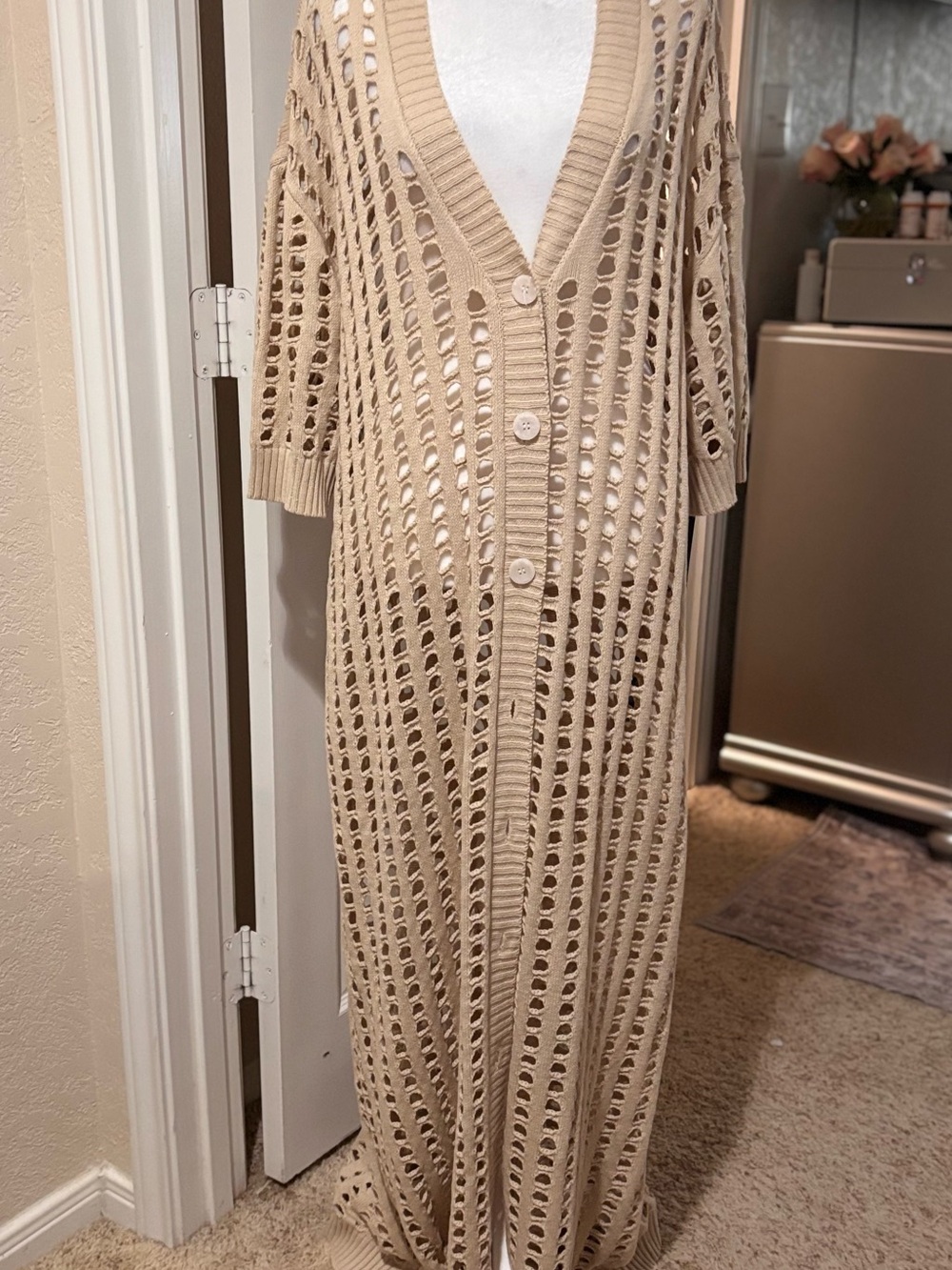 Eloquii Beige Open-Knit Maxi Cardigan